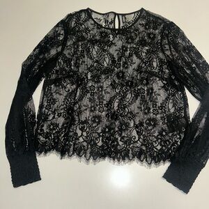 Women’s Black lace long sleeve floral print blouse with sheer long sleeves sz 6